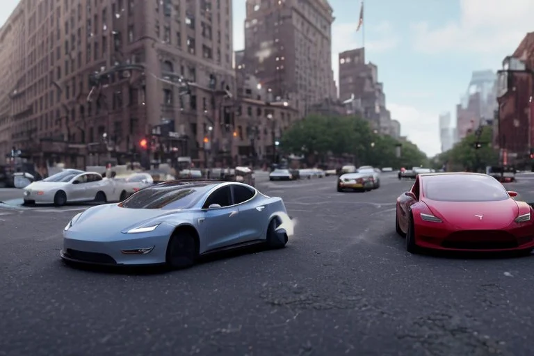 A Tesla 'Model Y' is racing at top speed, near the Flatiron Building in Manhattan. (CINEMATIC, WIDE ANGLE LENS, PHOTO REAL)