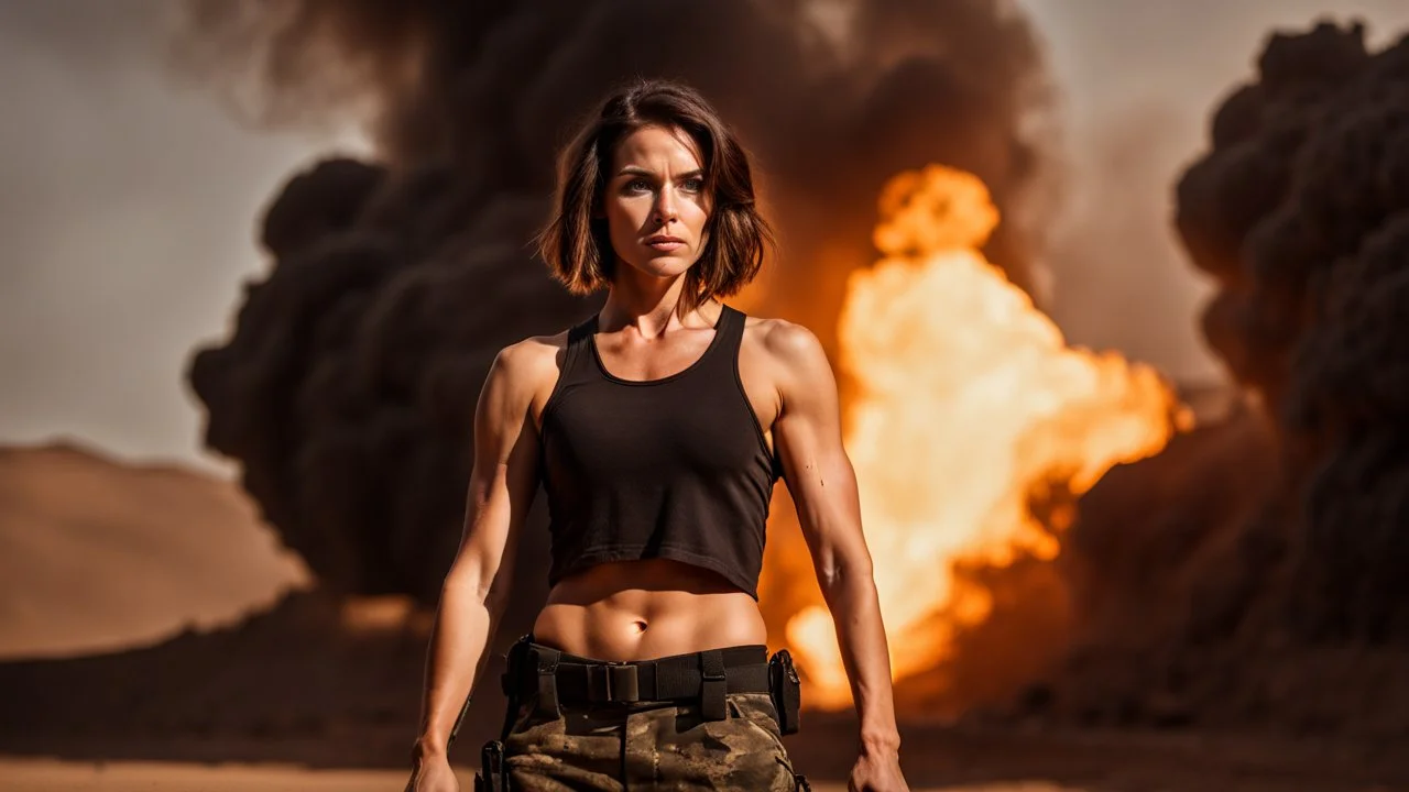 beautiful slender caucasian female technician with a small knife, black tank top, well toned muscles, weathered face, scratched sand camo metal details, short brunette wavy bob haircut, dystopian, desert scene with smoke and explosions, opponent is a giant muscular soldier