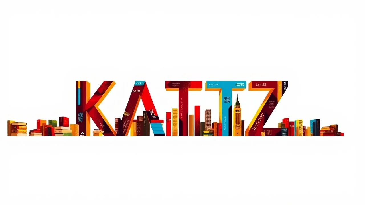 Create a visually striking and dynamic artwork that masterfully incorporates negative space, creating an iconic name logo. The word "KATZ" is displayed in a bold, eye-catching font, adorned with vibrant reds, blues and yellows, representing the abundant creativity. The word is set against a cityscape of books. The deep white background enhances the contrast of this breathtaking masterpiece, making it a truly mesmerizing visual experience., architecture, vibrant, typography