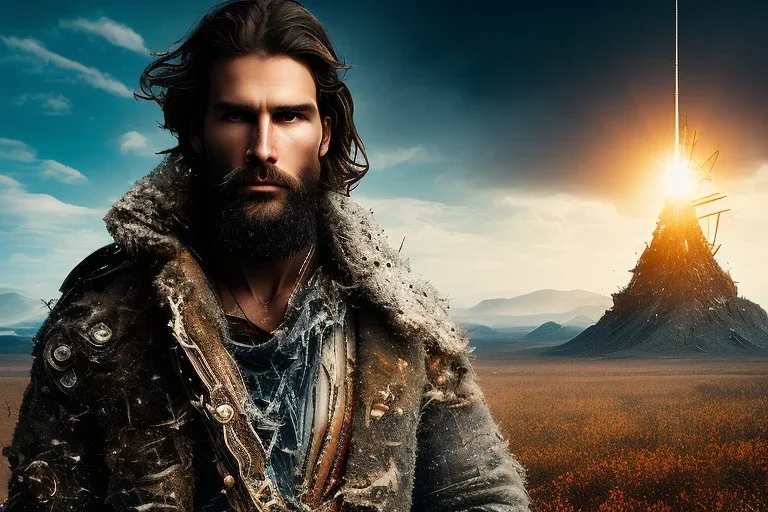 Generate an image of a man on a midjourney through a vast, open landscape. The man is tall and muscular, with rugged features and piercing eyes. He is dressed in worn and torn clothing, a testament to the trials he has faced on his journey. Despite the challenges he has faced, he stands tall and unbroken, his determination and strength shining through. Include key words such as 'midjourney,' 'open landscape,' and 'determined' in the image