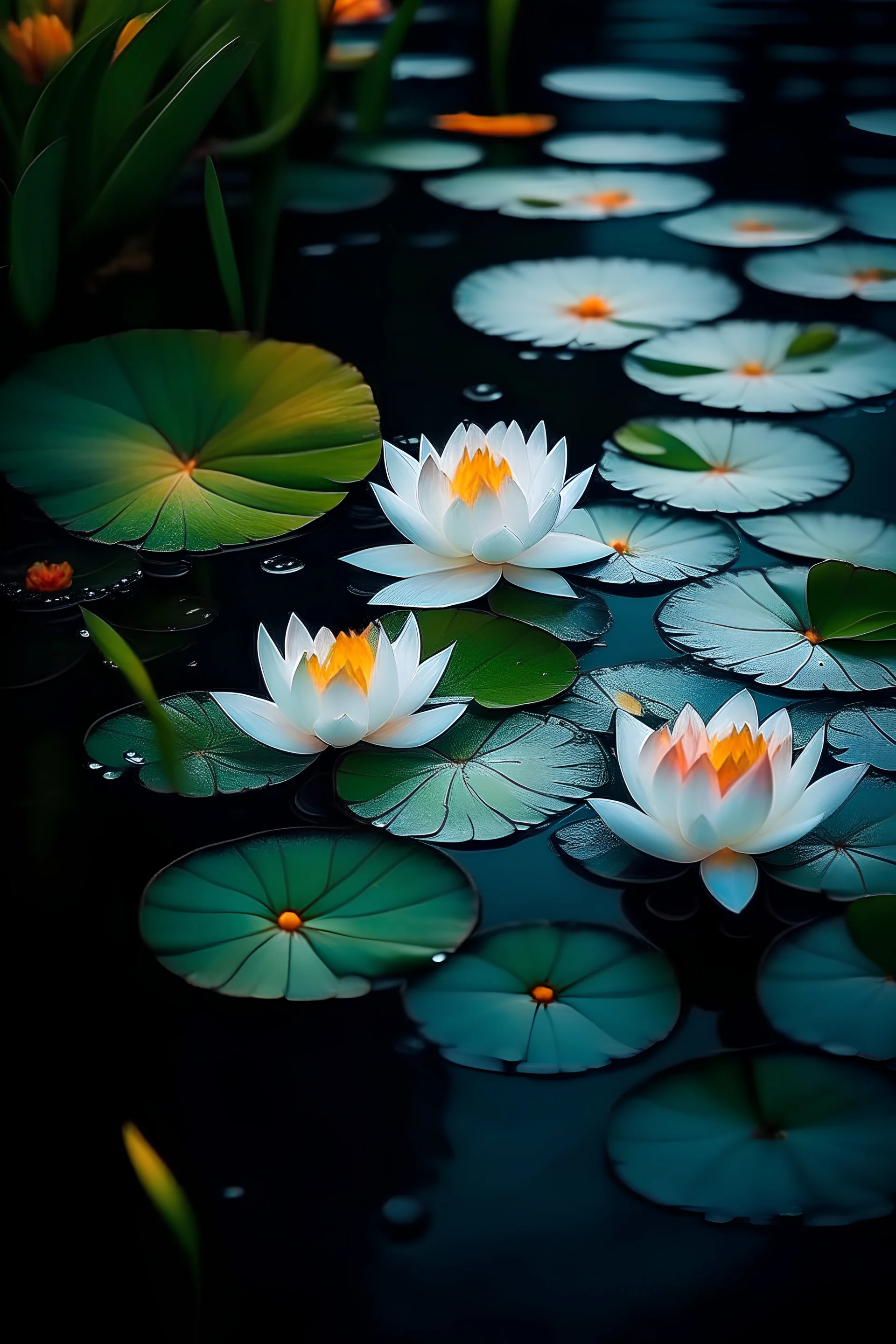 Oil painting of white lotus flowers floating on the water, minimalistic