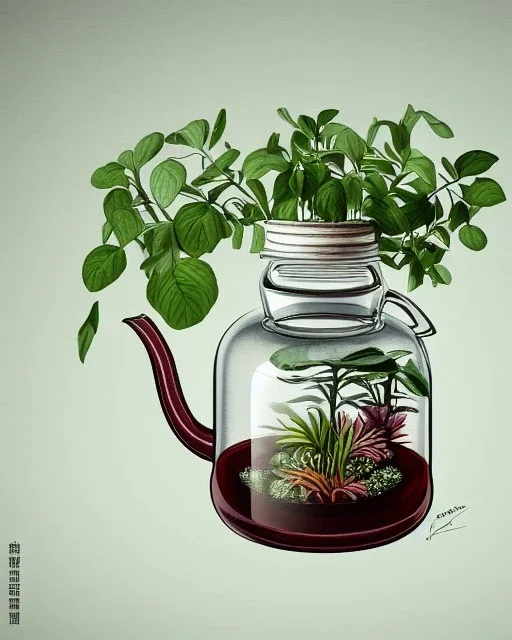 a glass jar teapot filled with plants, highly detailed, digital art, sharp focus, trending on art station, illustration