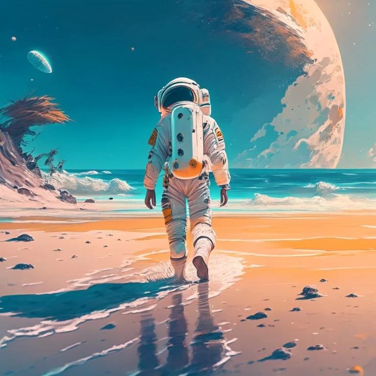 An astronaut walking on the beach of a beautiful sea, digital art, anime style, 4k, full details, high resolution