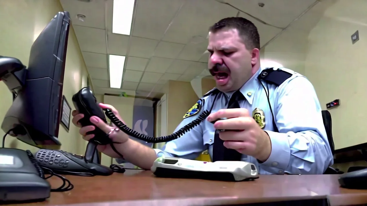 male cop dispatcher deals with evil virus crawling out of the phone handset