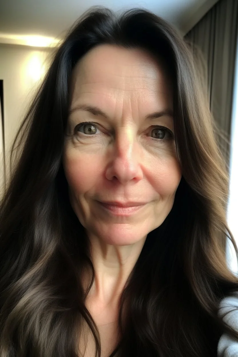 A selfie of a brunette woman with a round face, long hair taken at spa salon. showing incredibly beautiful extremely attractive 47-year-old European woman. (She has white skin, tousled black hair, pretty face without makeup, big round brown eyes, cute profiled nose, detailed full lips.)