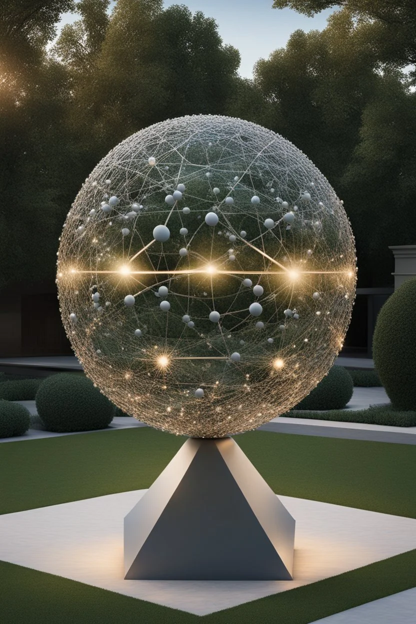 оформление территории со статуей шара виде атома/молекула. Сделать поверхность шара похожей на модель атома или молекулы, используя геометрические формы, светящиеся элементы или проекцию. . Для этого можно использовать различные геометрические формы, такие как круги, треугольники, шестиугольники и т. д., чтобы создать абстрактное изображение структуры атома или молекулы. Кроме того, возможно использование светящихся элементов, чтобы придать статуе особую магическую атмосферу и привлечь внимание
