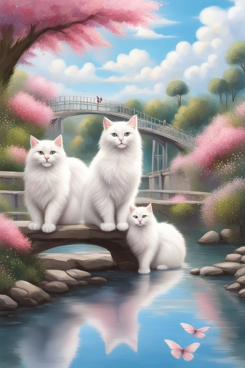 in the center: beautiful chunky fluffy white cats sitting on a bridge, under the brigde flows a small blue river; background: landscape; first plan: pink flowers; back ground: white clouds, butterflys flying in the sky