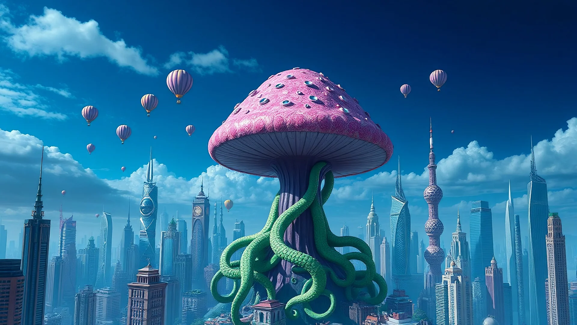 a futuristic cityscape with a large mushroom-like structure in the center. The mushroom has a pink and purple color scheme and is covered in green tentacles. The tentacles are intertwined and extend from the base is made up of tall buildings and skyscrapers, with a mix of modern and traditional architecture. The sky is a deep blue with a few clouds, and there are several hot air balloons floating above the city. The overall mood is surreal and dreamlike.