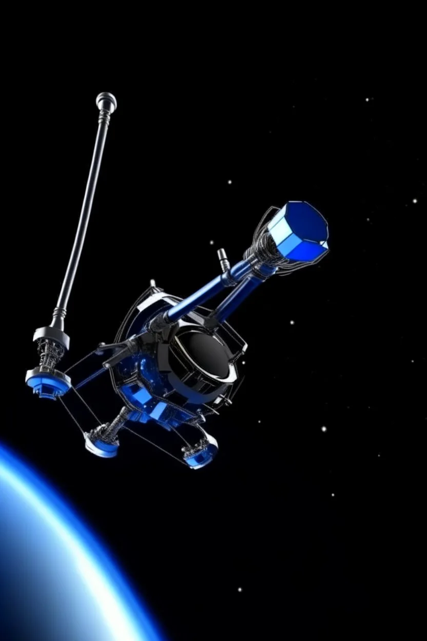 In a sci-fi starry sky background, a slender space flexible robotic arm is located on the satellite in the frame.