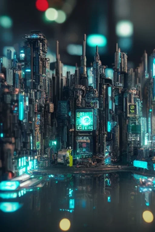 Macro photography, miniature cyberpunk metropolis, ultra realistic, highly detailed, 16k