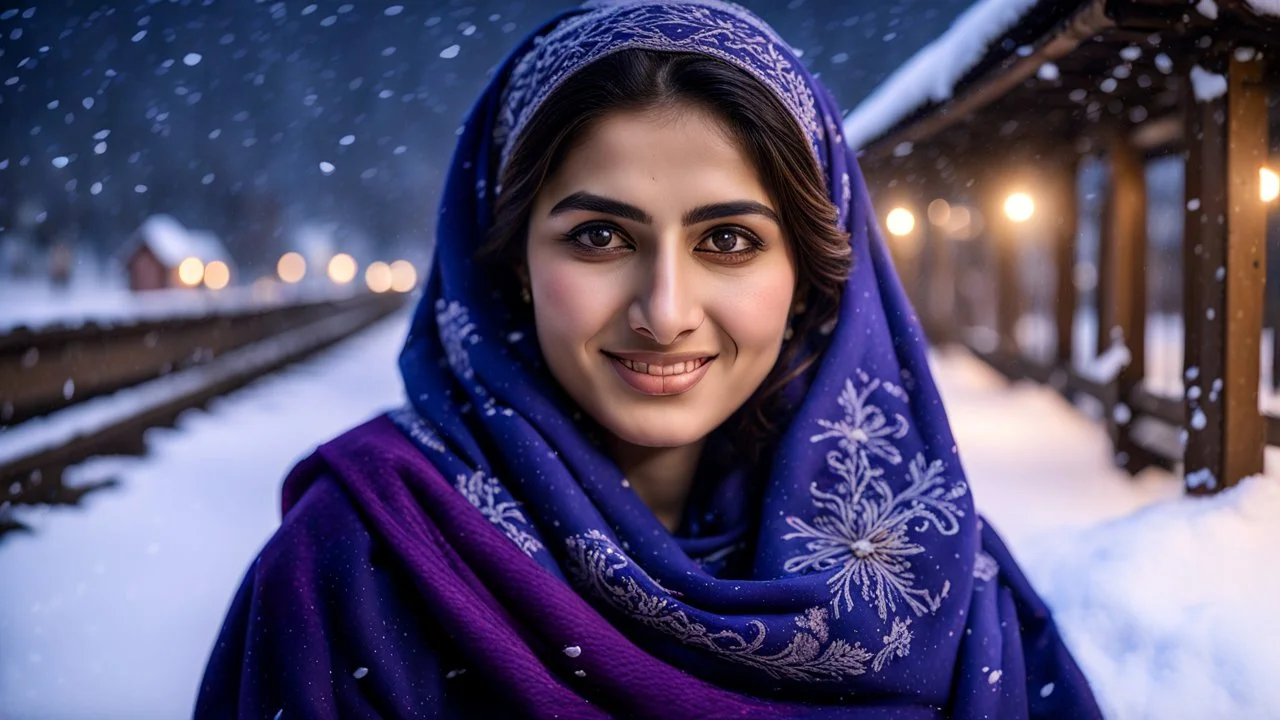 Hyper Realistic Photographic View Of A Beautiful Young Pashto Woman With Beautiful Eyes Lips & Nose (Wearing Beautiful Navy-Blue Frock With Purple Embroidery & Carrying White-Wool Shawl On Her Neck With Her Long Black Whirling In Air, Cold Breeze) Happily Sitting On The Bench & Smiling At The Village Railway Platform At Heavy Snowfall Night Showing Dramatic & Cinematic Ambiance.