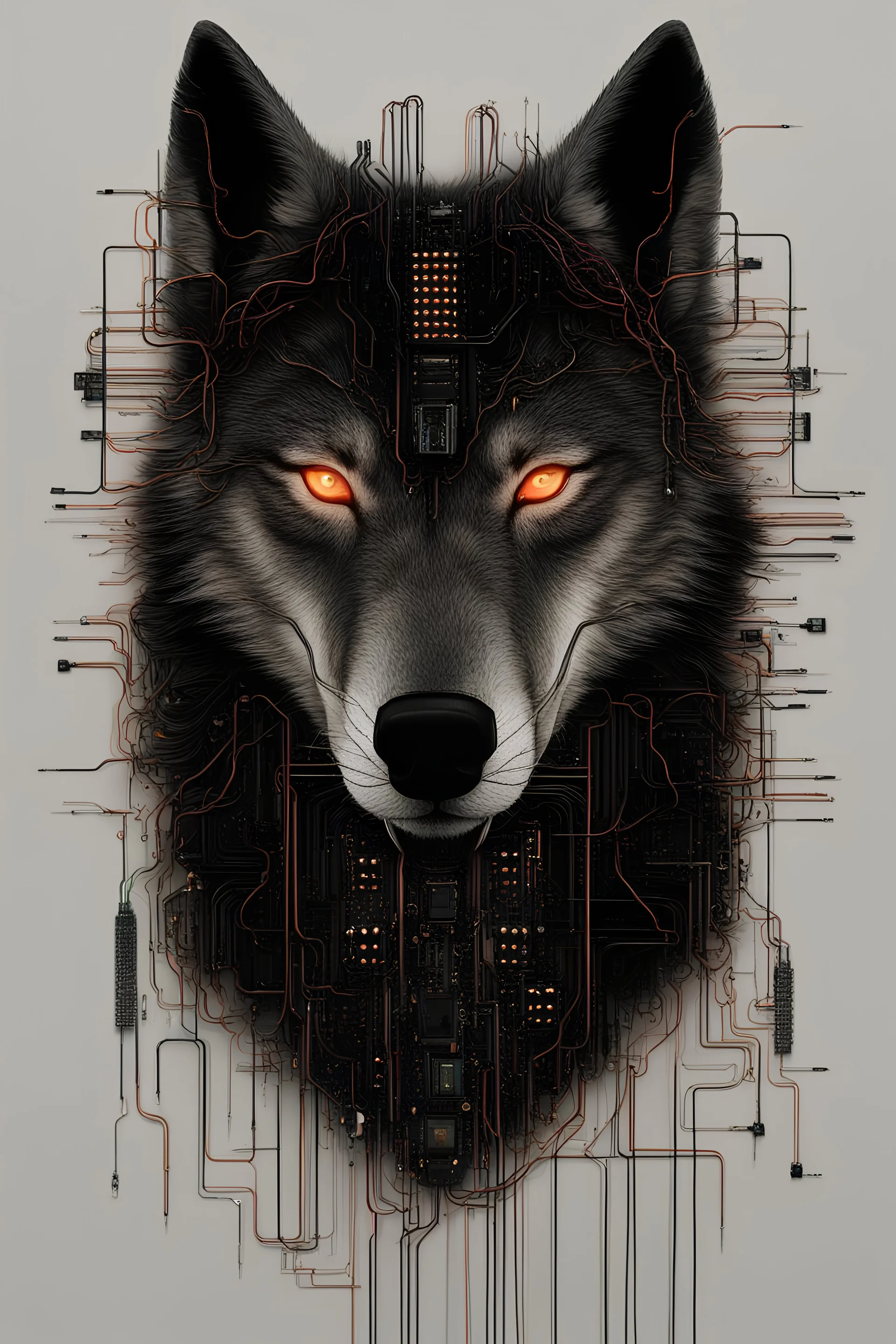 "The image depicts the head of a wolf against a black background, its silhouette splitting halfway into a fusion of electronic and electrical components. The electronic half appears composed of microprocessors, LED diodes, and wires, forming a futuristic interpretation of wolf physiognomy. Meanwhile, the electrical half is constructed of cables, high-voltage wires, and sparking discharges, creating a spectacular representation of energy and power. The wolf's expression of strength blends with fu