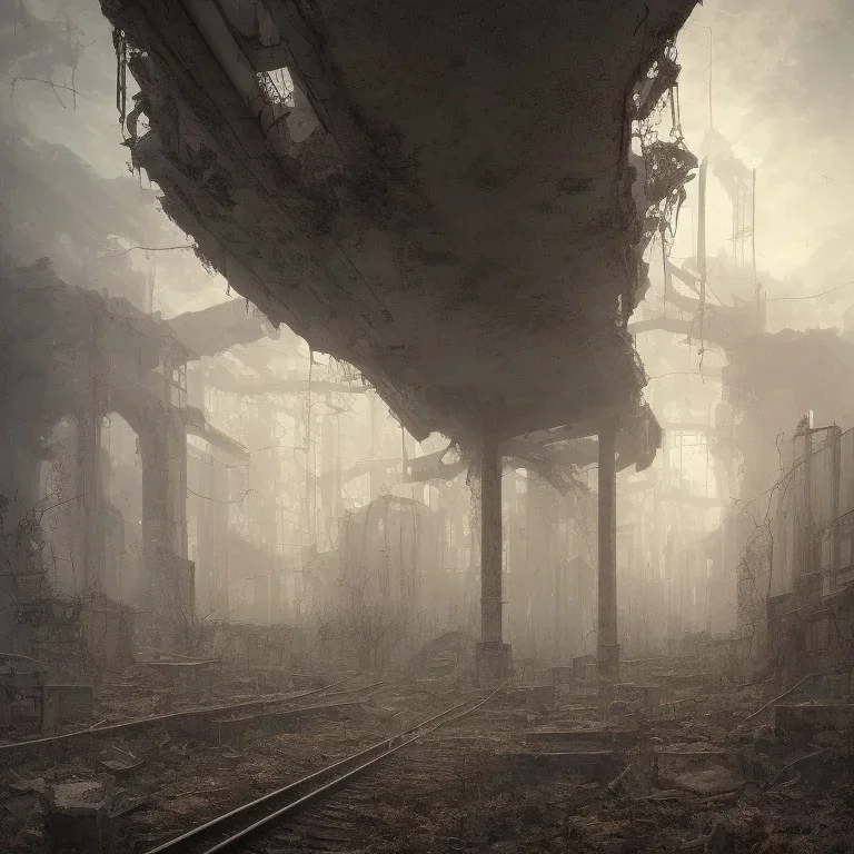 I walked into the abandoned ruins. I could not get Out. It reminded me of that Town. That Town where Sin defined Reality. I think I'm in Hell. Am I? Chiaroscuro style. Stefan Koidl style., isometric, digital art, smog, pollution, toxic waste, chimneys and railroads, 3 d render, octane render, volumetrics, by greg rutkowski