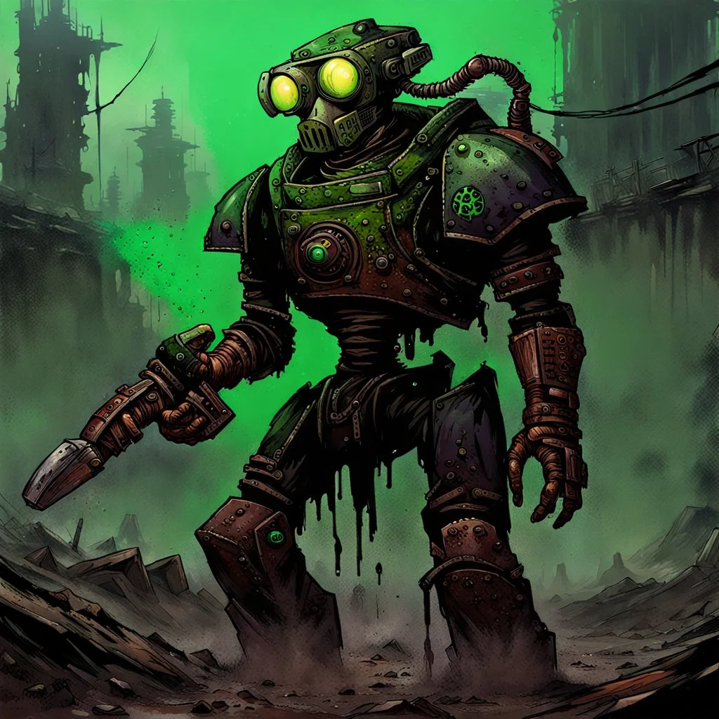 90's fantasy tcg art of black post apocalyptic robot warrior in toxic ooze wasteland