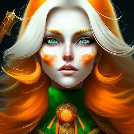 fantasy setting, woman, orange and white hair, wavy hair, freckles, ranger, more orange hair, more white hair, green eyes, more white hair, less orange hair, less orange hair