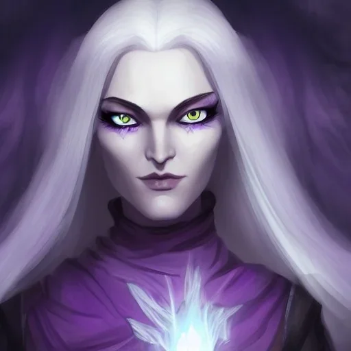 Female dungeons and dragons character, aasimar, warlock, spy, flowing white hair, glowing amber eyes, mysterious facial expression, close-up, violet magical energy