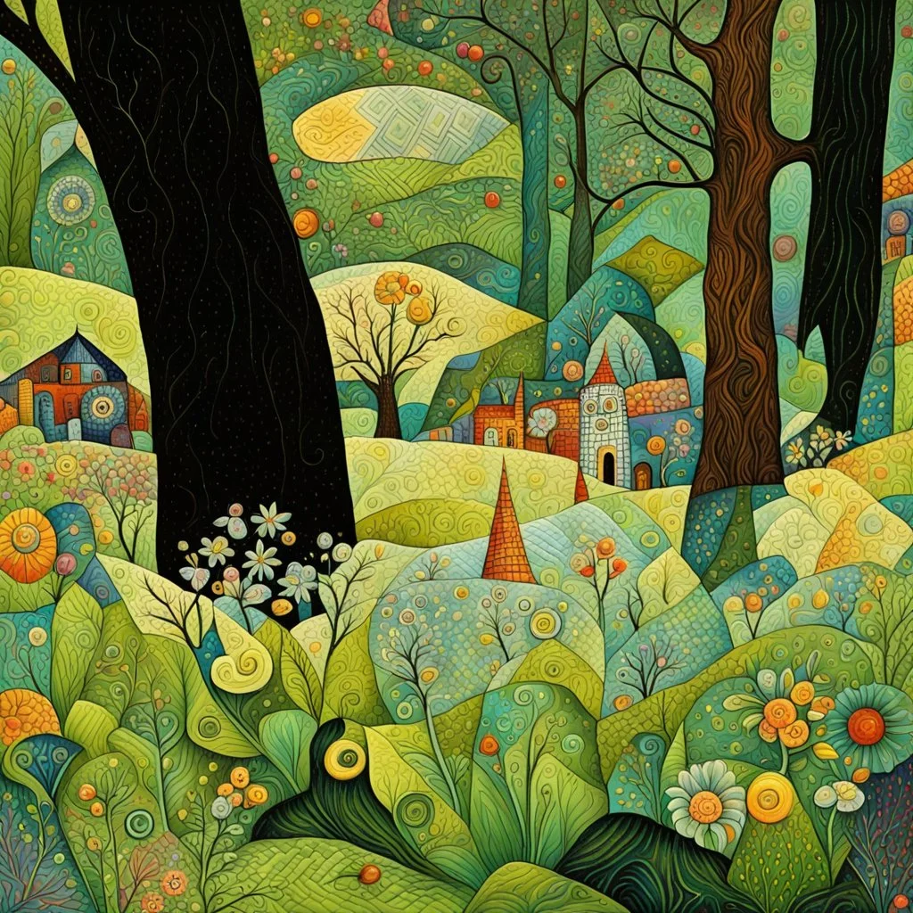 beautiful spring patchwork in the style of Raymond Briggs, Laurel Burch, Randolph Caldecott, Picasso. Modifiers: extremely detailed fantasy oil on canvas very attractive imperial colors fantastic view 4K 3D focused