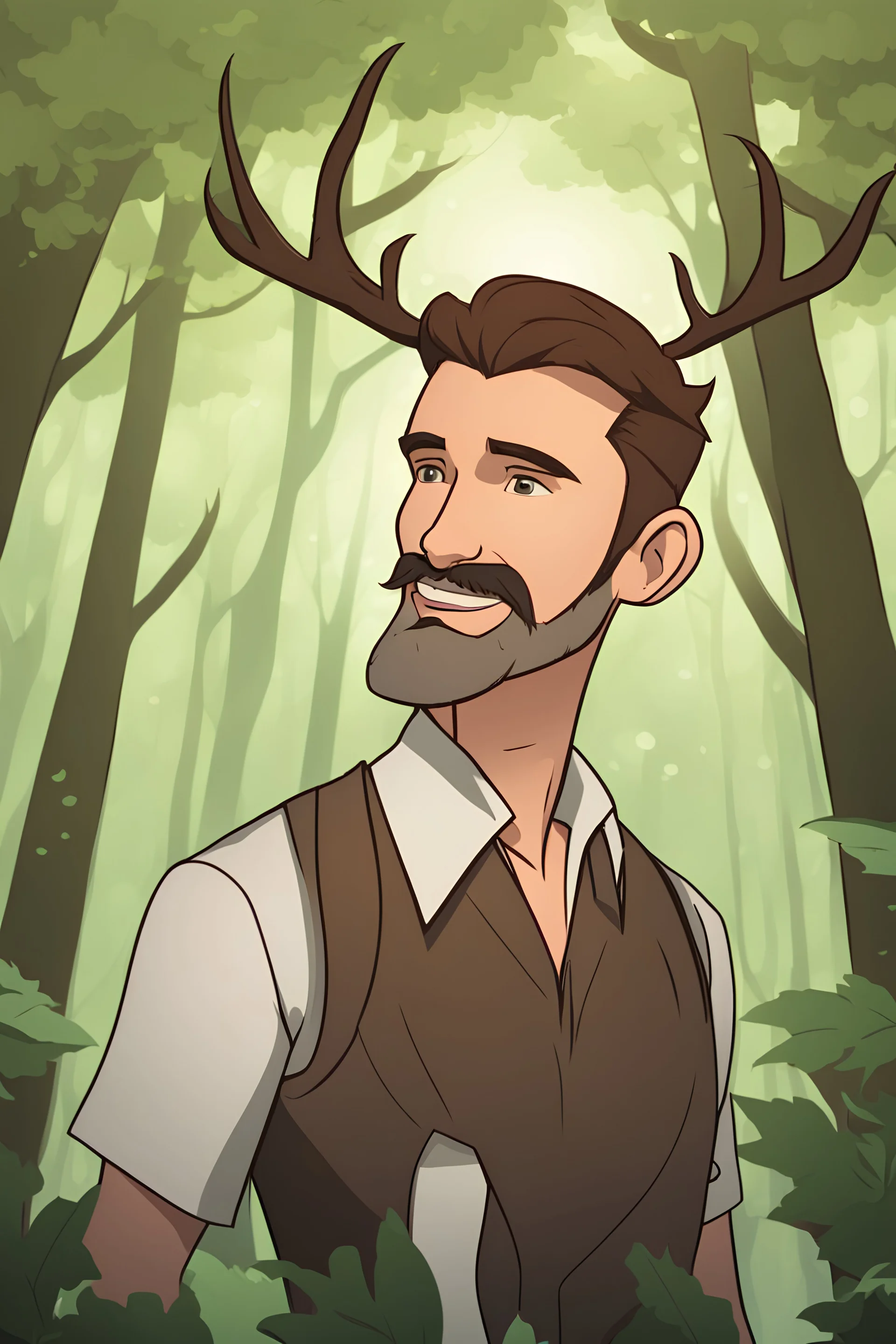 Middle aged man with brown hair and goatee, antlers, grinning, proud, wearing leather, forest background. RWBY animation style