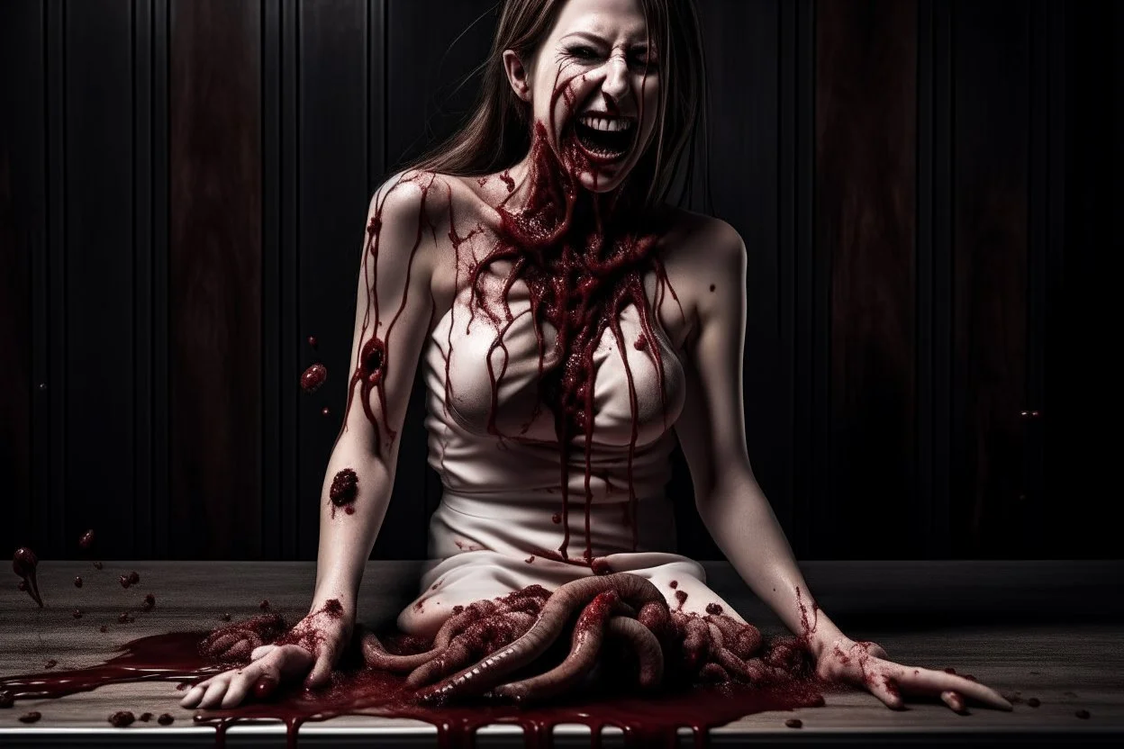 lying pose on the table, blood from her mouth stains her short white dress, dark tones, wide hd photo of a woman, full body, smiling with her mouth open,