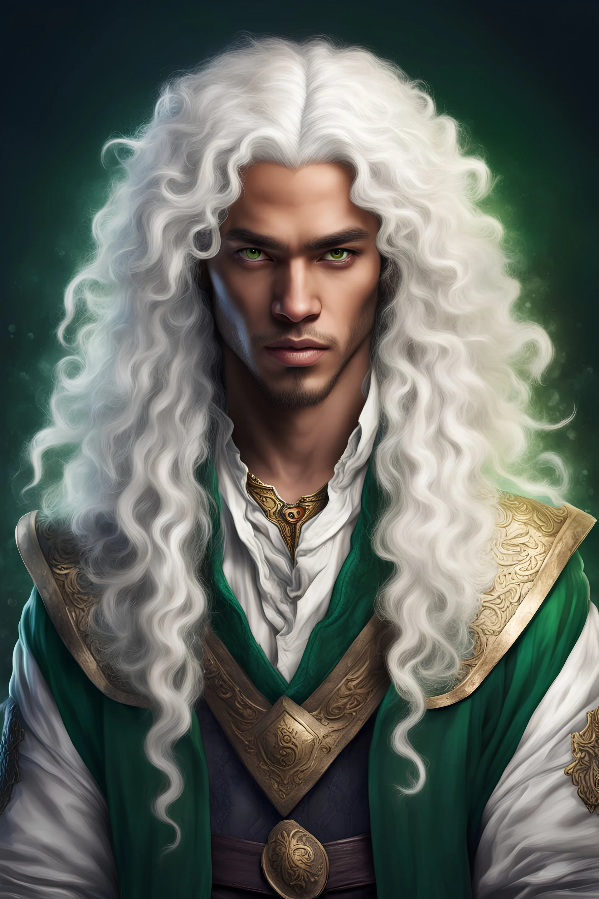 young mulatto sorcerer man with green eyes and long wavy snow white hair, dressed in epic commoner clothing