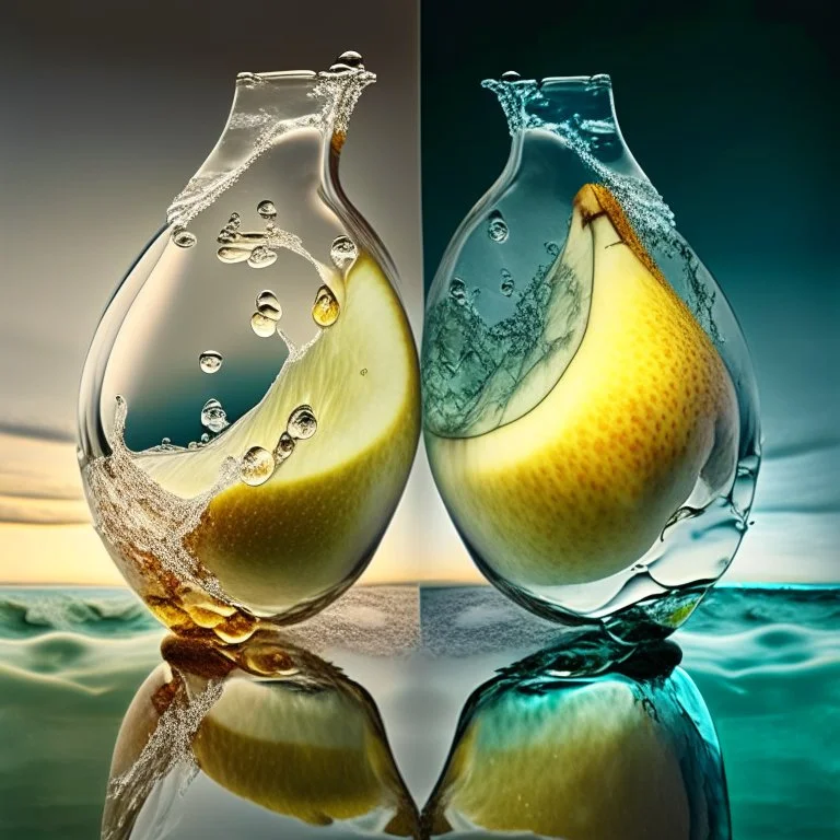 Beautiful double image by blending a windy sea and glass pears. The sea should serve as the primary background, skillfully incorporating its details into shiny glass pears, sharp focus, double exposure, shiny glass apple, (pear transparent glass shape) (sea inside) lifeless, dead, glass apple, earthy colors, decadence, complex design, ultra-realistic, high-definition, highly detailed, dark softbox image, ray tracing, cinematic, HDR, realistic (double exposure: 1.1)