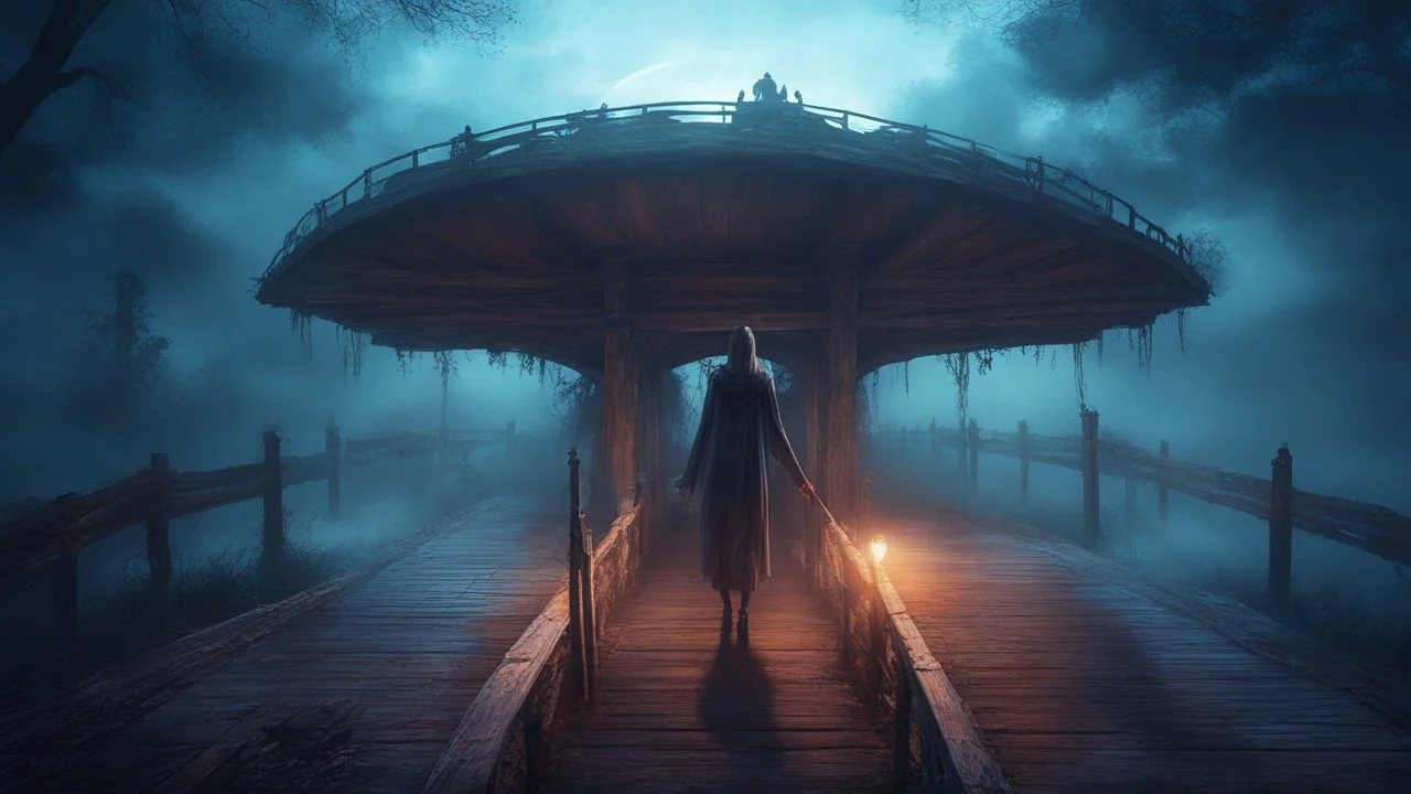 walking straight ahead over a wooden bridge, holding the angel of death with your right hand, entering the fog at the end of the road that leads to the afterlife, and a beautiful sunset and galaxy's behind the fog, realistic