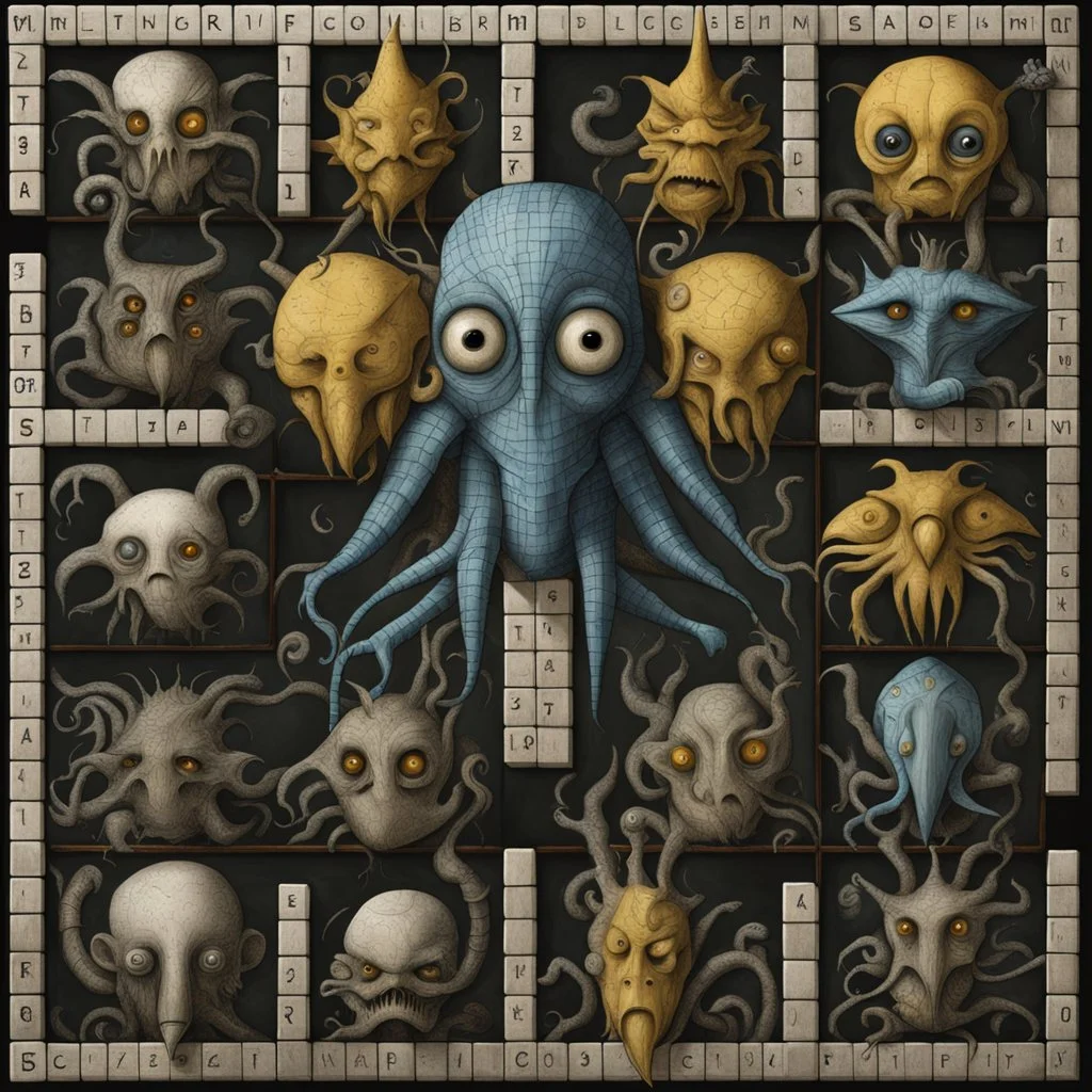 surreal fantasy crossword puzzle nightmare-scape, crossword puzzle pattern aesthetic, letter monsters, by Tim Burton, by Anton Semenov, by Brian Froud, sinister comic, muted colors - black white blue yellow, spooky, intricately detailed, acrylics.