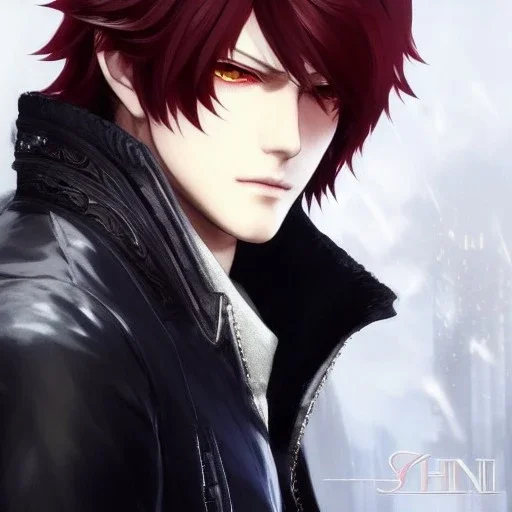 Detailed anime boy, crimson red hair, long classic taper hairstyle, dante dmc5 hairstyle, wolf ears protruding out, white trench coat, intricate details, full body portrait, keep head in frame, slight smile, black Japanese motif, concept art, highly detailed, digital painting, concept art, sharp focus, illustration, art by Yoji Shinkawa, WLOP and greg rutkowski and alphonse mucha and artgerm and yanjun Chen and Junji ito and Makoto Shinkai, HDR, octane render, highly detailed