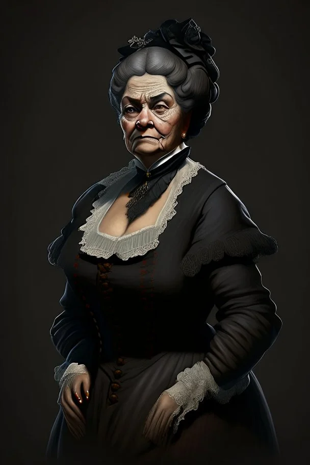 warm but stern aunty victorian era, posh british accent influenced, high born facial features dnd character on a solid black background, full body image, high quality realistic.