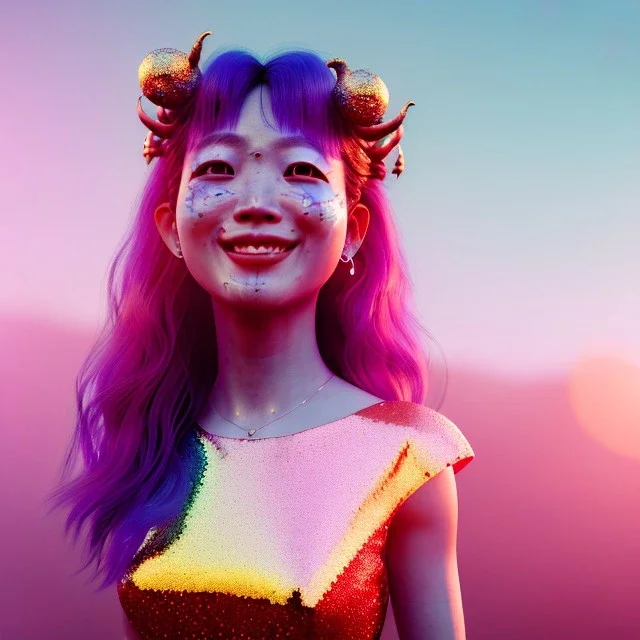 Ultra Realistic photo, medium shot view, drunken sweet dancer Asian woman, carnival scene, monster hair, steampunk style. Red hair, confeti, smile, happy, festival, ovnis, gradient color fog. highly detailed, concept art, unreal engine 5, ray tracing, RTX, lumen lighting, ultra detail, volumetric lighting, 3d, finely drawn, high definition, high resolution.