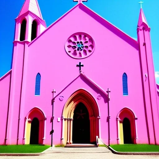 concept art, concept design, decor, photorealistic, high quality, cinematic, cathedral church building with pink walls, church exterior, pink exterior, walls made of silk, aesthetic, countryside landscabe bqckground, natural blue sky