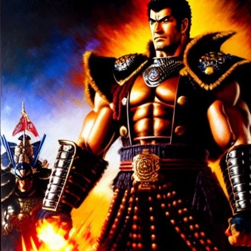 portrait 'Raoh-Fist of the north star',ancient metal armor ,painting by gaston bussiere, greg rutkowski, yoji shinkawa, yoshitaka amano, tsutomu nihei, donato giancola, tim hildebrandt, oil on canvas, cinematic composition, extreme detail,fit full head inside picture,16k