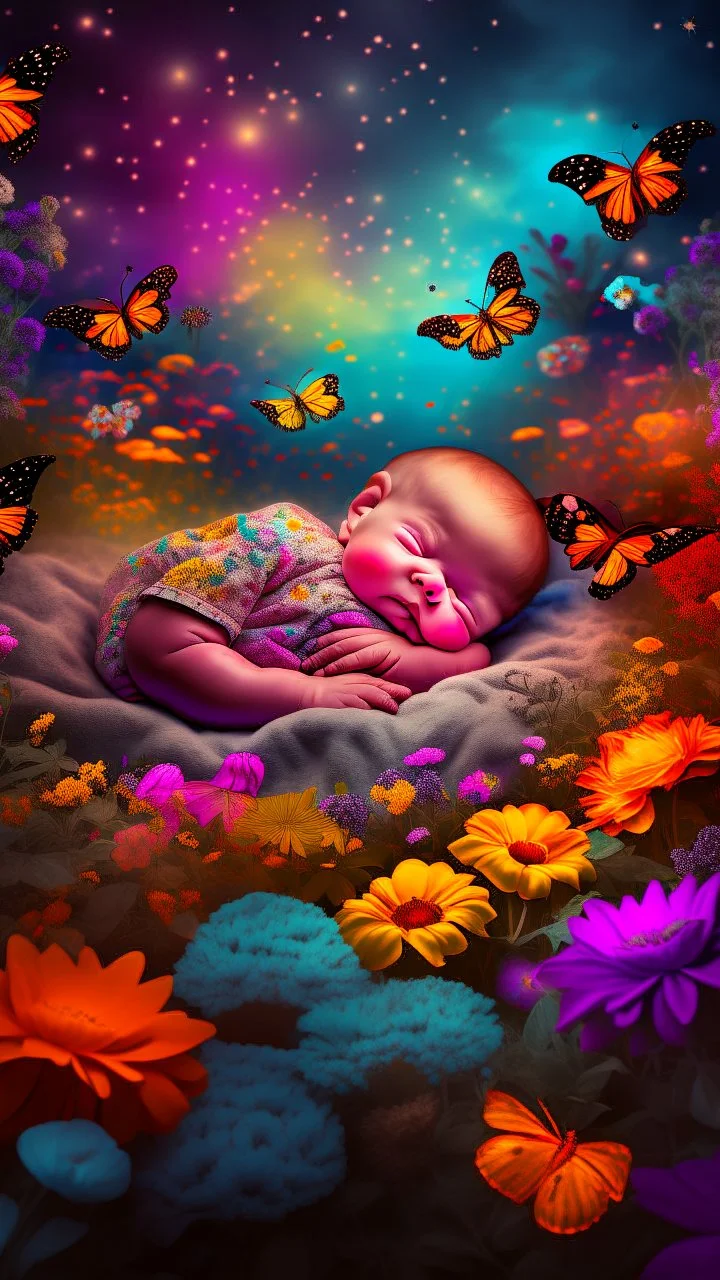 A baby Sleeping and dreaming sweet dreams among the flowers and butterflies in a glory night