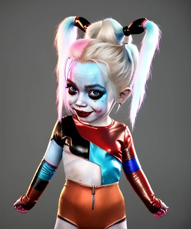 Harley quinn toddler, full body, soft skin, dramatic lighting, hyper realistic