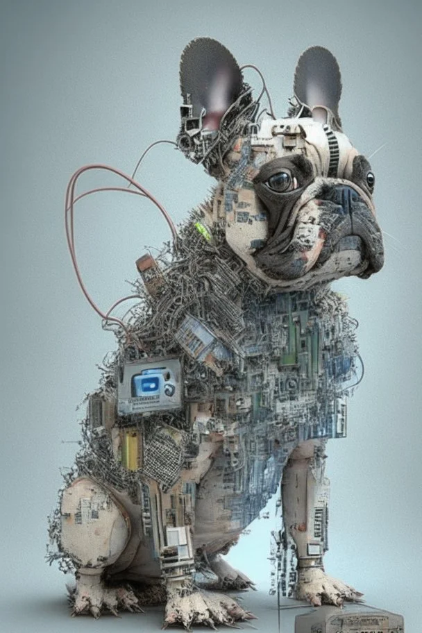 French Bulldog made out of electronic junk