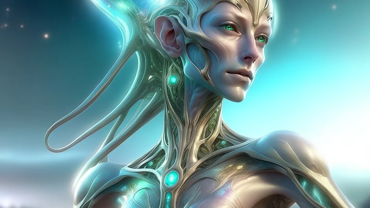 gorgeous female humanoid alien, slender muscular warrior, looking over shoulder at the sky, tentacles, coper zinc orichalcum jewelry and piercings, beautiful face, mesmerizing starry eyes, smooth translucent skin, hourglass, size DD.