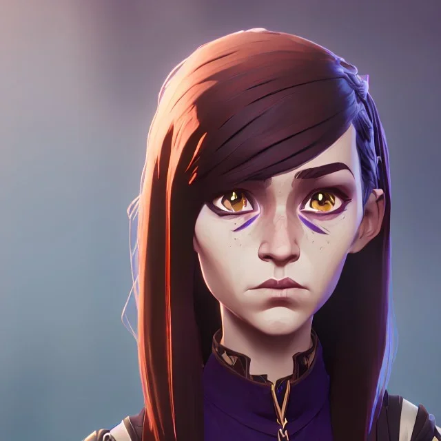 Portrait of a pretty 10 year old warlock girl with brown hair with bangs and blue eyes