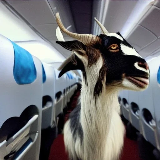 goat with dragon wings, floppy ears, on an airplane