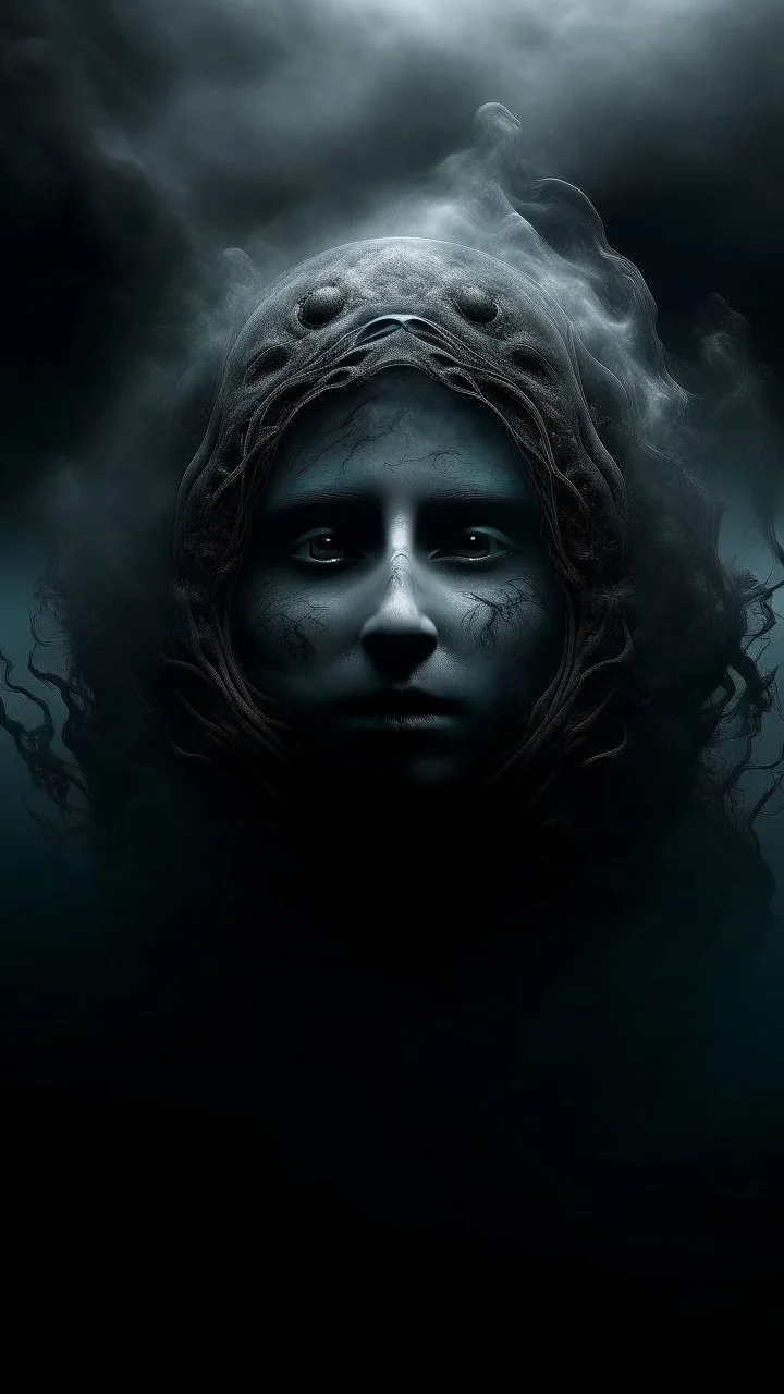Mourning in dephts of ocean , a halo face with a smoky holes in dark gloomy foggy background with very small dem light
