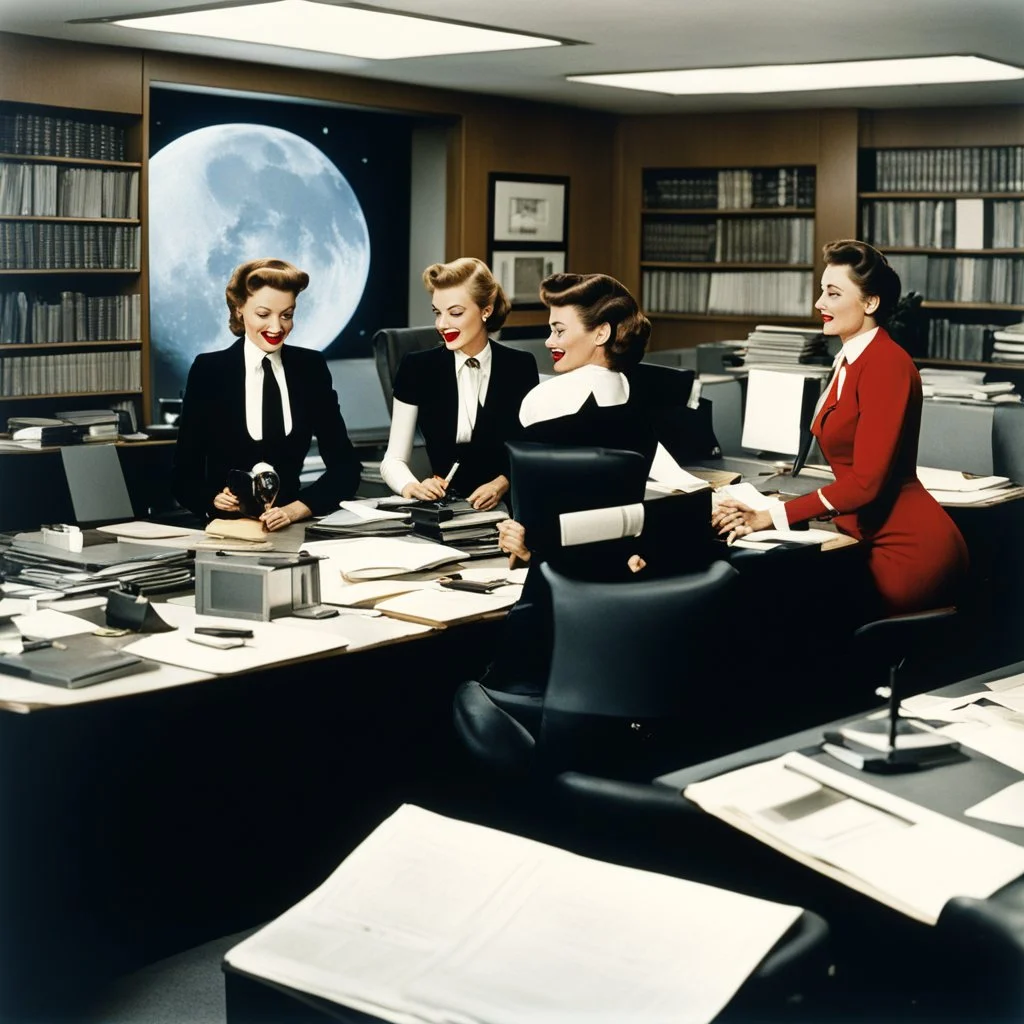 [colour photo by helmut newton] 1950s office secretaries working in an office on the moon, having fun in agent provocateur