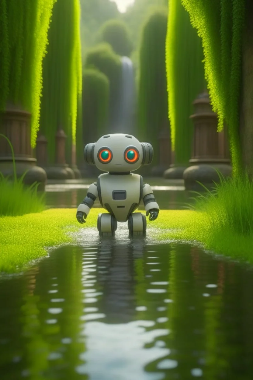 adorable cute chat priest robot with short punk hair and real human reflective eyes, fluffy bridge in pond in garden of st. Barbara cathedral, its such a perfect day, motion blur, smoke, 8k, downlight, soft light, depth of field, photorealism, trending on art station, lotsa detail