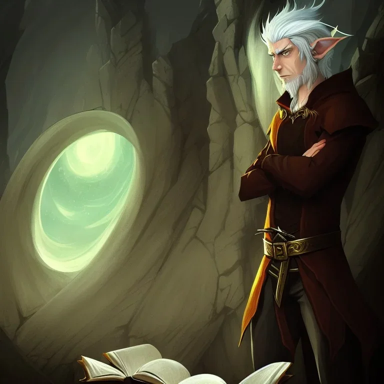 portrait of one single calm elf with white hair in brown suit reading a legendary book, fantasy character art, concept art, scribble style, somber, gloomy lighting, epic perspective, trending on artstation