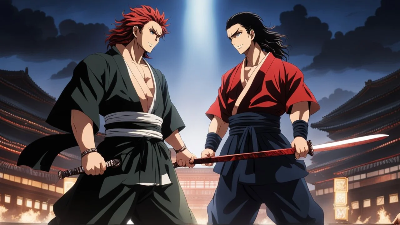 yujiro hanma vs yoriichi tsugukuni, baki vs kimetsu no yaiba, two mans standing in front of each other, a big strong man in black shirt with red hair and evil grin in battle stance facing a smaller feminine swordsman with long hair and calm face reaching for his sword in traditional japanese clothes both preparing to fight each other