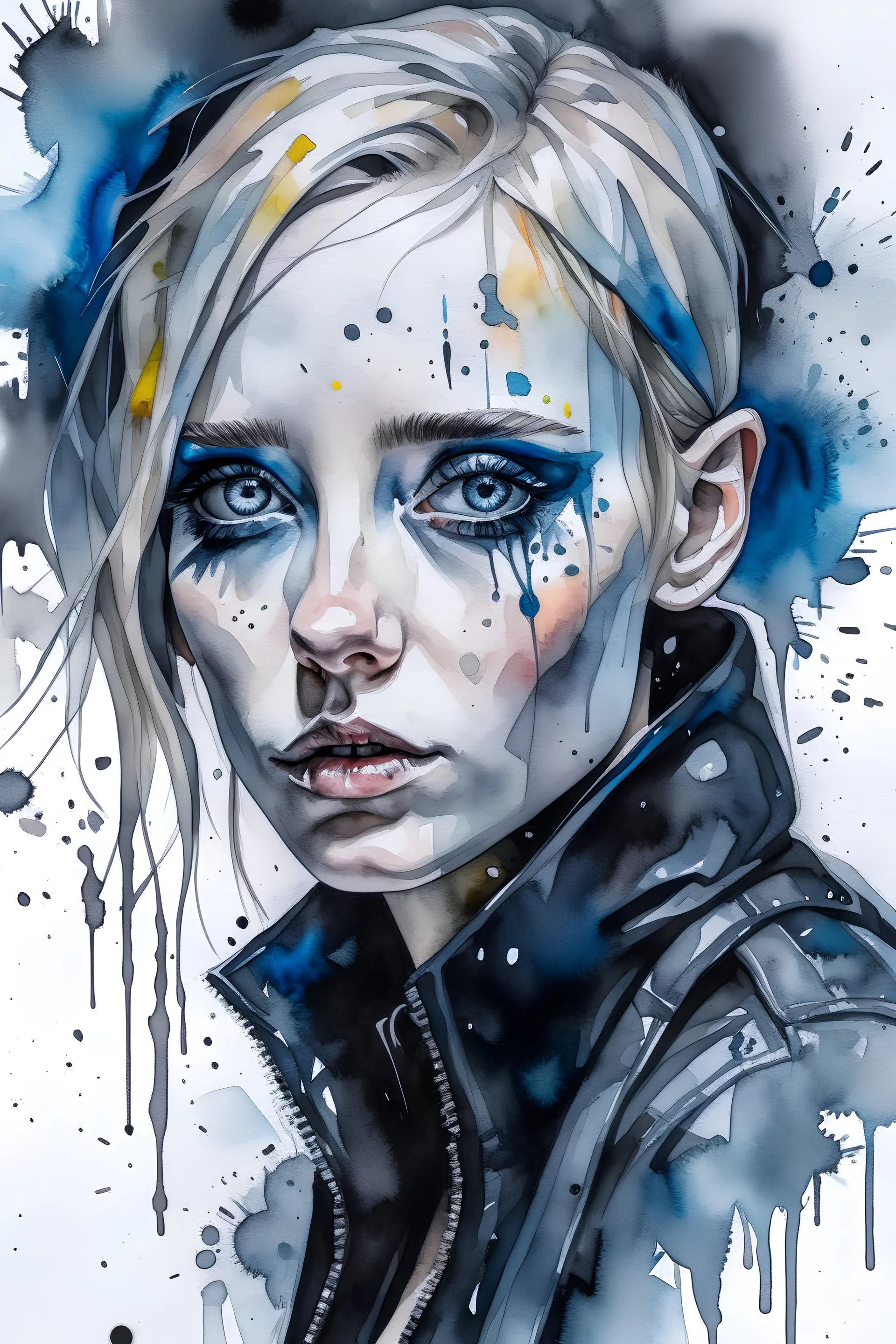 Singer Danish MØ face, Style cyberpunk, watercolor illustration by <agnes cecile> <John Kenn Mortensen> <Yoji Shinkawa>,