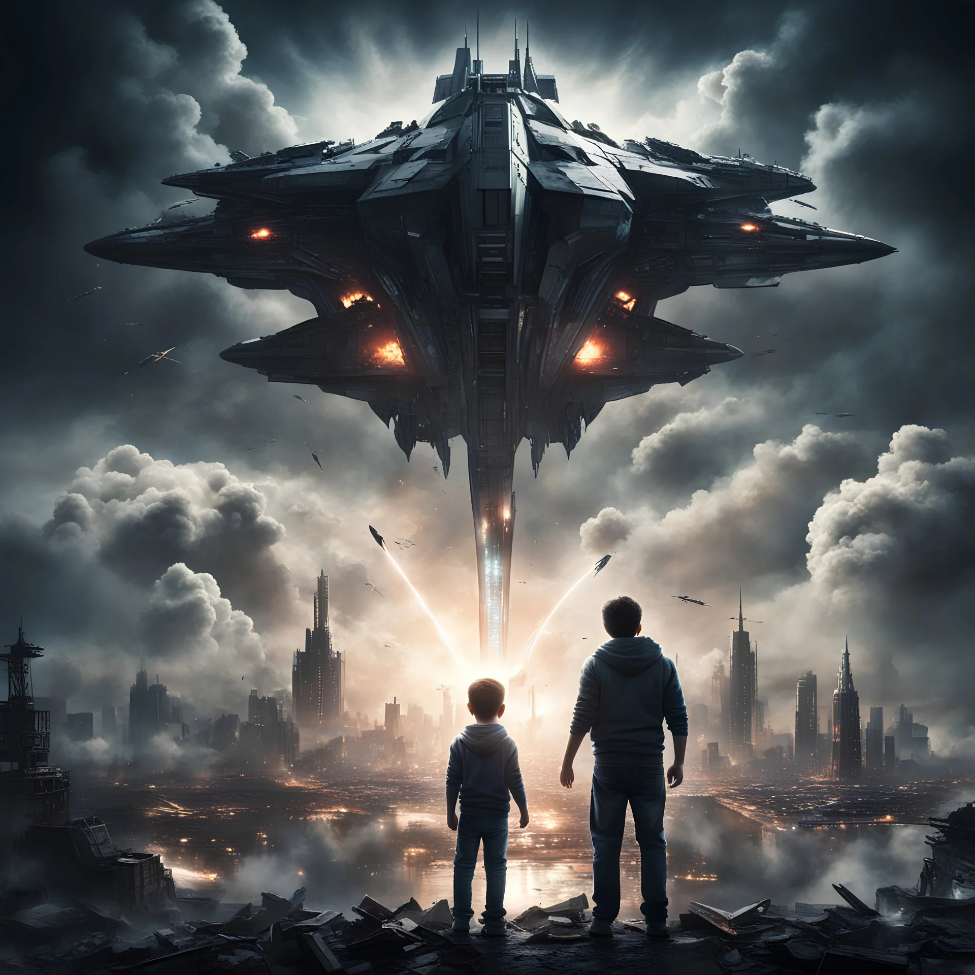 photorealistic. its a dark night. 40 years old father his 6 years old son hold hands as they watch. A hightech arrow-shaped space battleship is emerging from the clouds. explosions are visible in the destroyed city beneath.