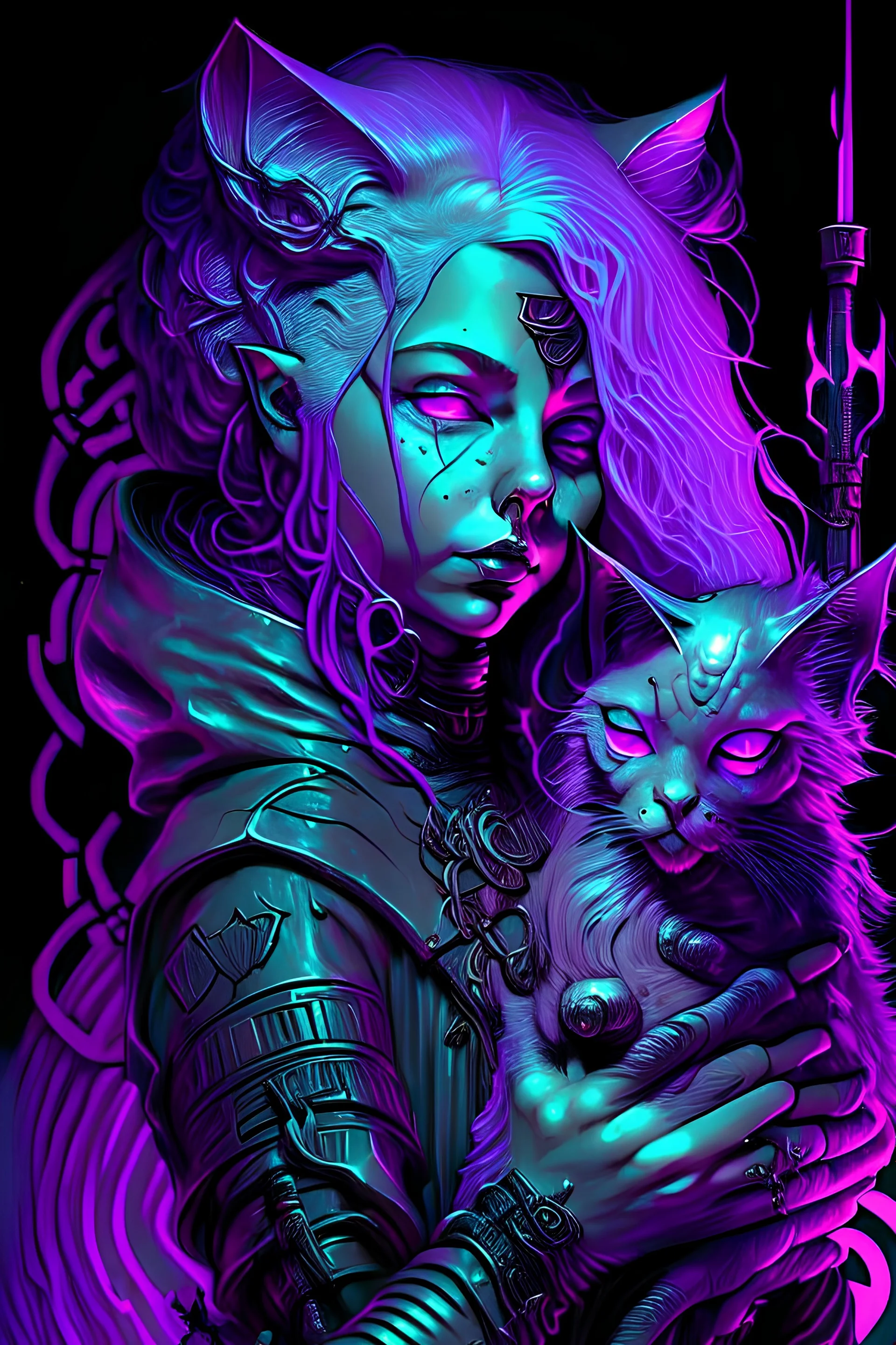 a pastel metal carving of a female cyberpunk wizard with flowing purple hair and glowing eyes. She is holding a cat, The colors of the scene should be vivid and varied.