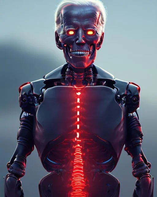 Terminator, Joe Biden as a Terminator,skeleton, evil, 8k, red glowing eyes, battle in background