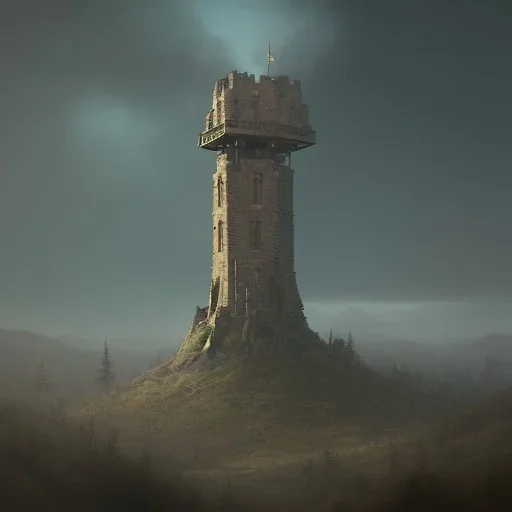 franz frazetta style, tower on hill, amon hen, clear day, forest in the distance