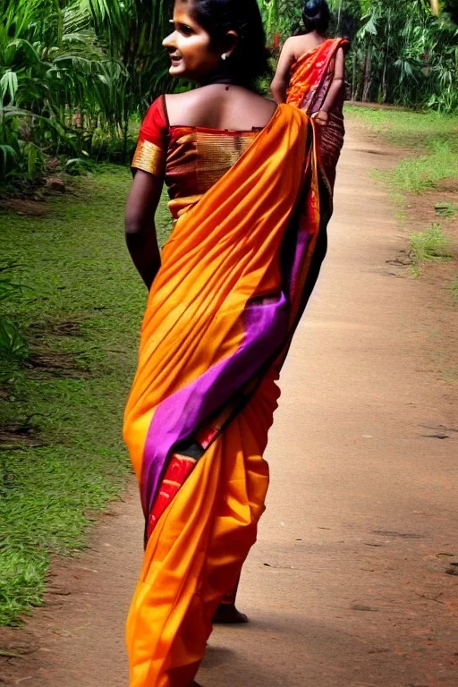 a girl walking in saree ,batik saree,srilankan