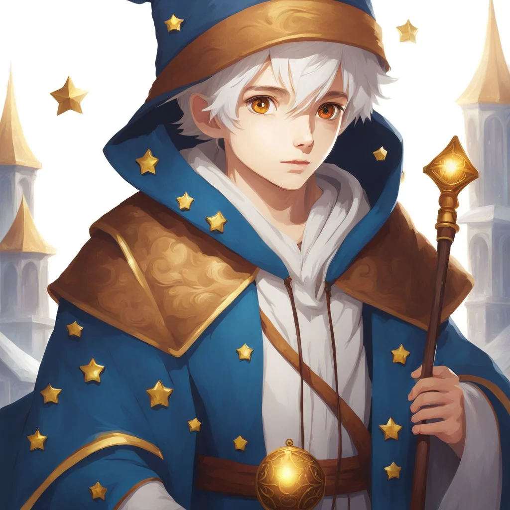 4K, Fantasy World, A boy only wearing a closed wizards robe, and wearing a wizards hat. White Hair. Golden Eyes with no pupils.